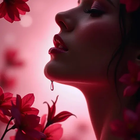 Lips silhouette with pink drops red flower leaves 
