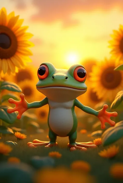 cute frog, cartoon, arms, legs, hands, cute eyes, looking at viewer, arms to the side, standing, giant sunflower field at sunset background, glowing skin, reflex, colorful 