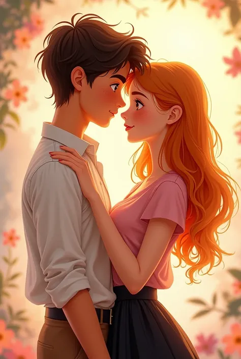 A COUPLE ,  the girl has orange blonde hair  ,  brown eyes , white-skinned ,  with freckles on his face ,  has a pink blouse and a black skirt  ,  the boy is taller than her  ,  with a slightly darker complexion  ,   frizzy hair   , They look very much in ...