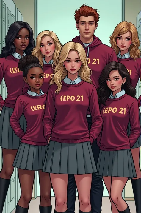  I want to create 7 characters from a comic  (men and women) With a wine-colored school uniform ,  gray skirt and pants that say EPO 21