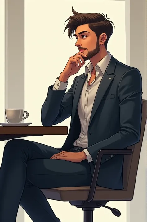 A 2 smart boy, sitting on a chair beside a table with a coffee cup, using eye glass, short stylish hair, stress beard, wearing suit, pant, shoe, side face with a sweet smile, stylish sitting position, kimyo xanasida qilchi shuni