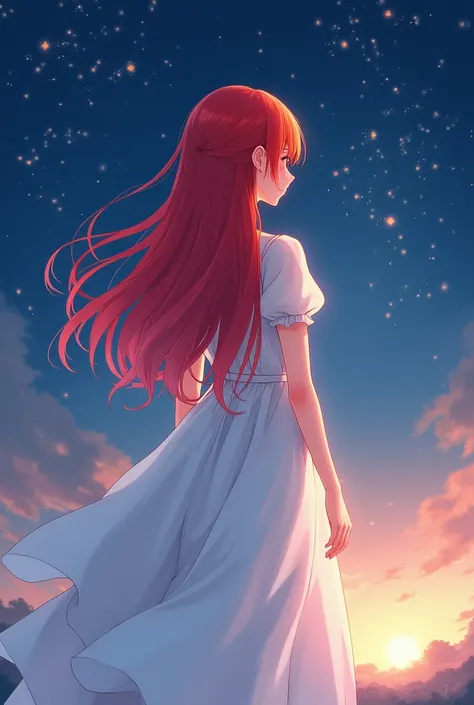   with her back with red hair, a white dress and a stripe in her hair, In the background a constellation of stars ,  anime style 