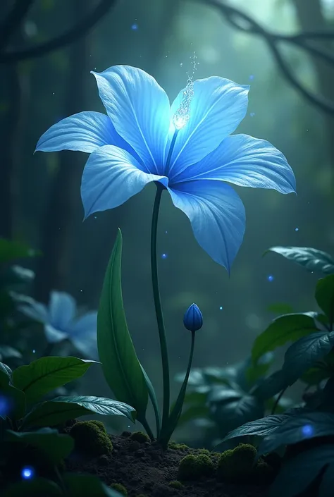 CREATE the image of a flower called "moonlight,  whose petals are reminiscent of the blue light projected by the moon ,  and that it is surrounded by vegetation specifically in the Amazon rainforest 