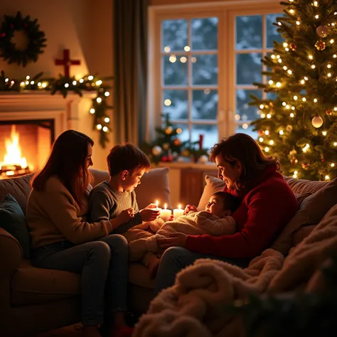 Christmas vibes, a cozy living room decorated with twinkling lights and a beautifully adorned Christmas tree, warm fireplace, snow gently falling outside the window, soft glow, family gathering, festive atmosphere, high-resolution photograph, by Annie Leib...