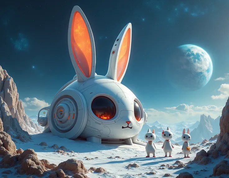 moon, moon面基地,: rabbit face shape , 兎の顔の形をした精密な機械のmoon面基地,  Bipedal rabbit universe people live in big eyes, Cutting edge technology, universe,  beautiful universe ,  small earth can be seen in the distance , ((( ultra high definition , masterpiece, Detail...