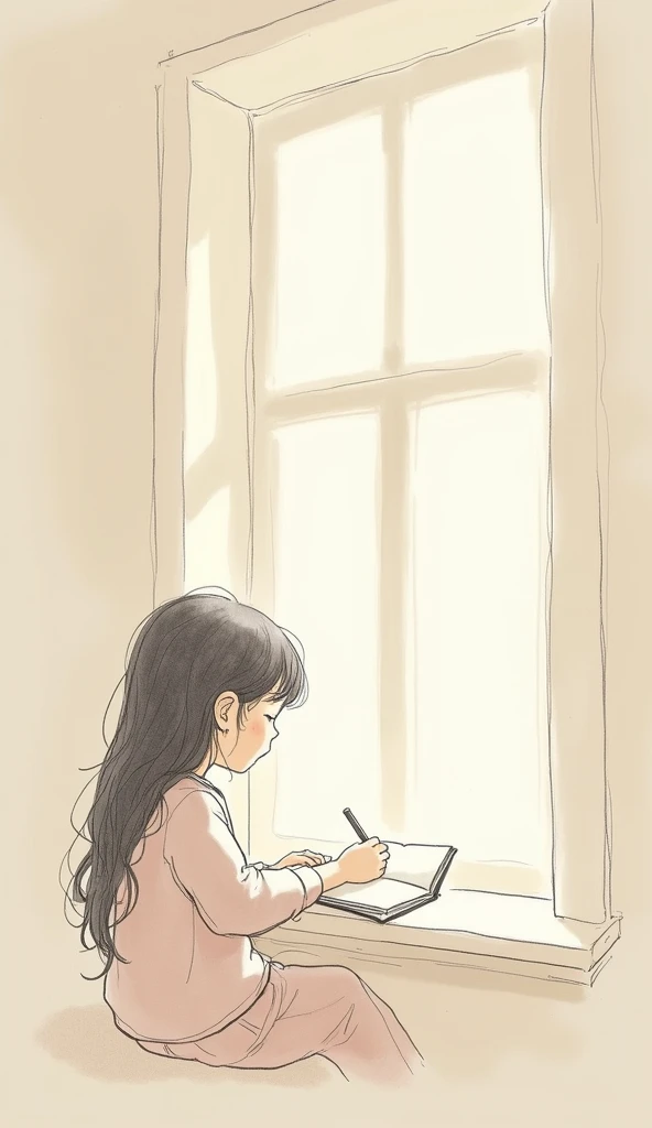  A simple drawing in fine lines of a daughter sitting at the window writing in a diary.  The presence of a cross or soft light symbolizing the presence of God . Light tones such as beige ,  lilac or pastel to convey calm and introspection .