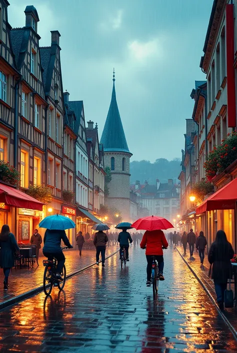 Alençon city poster with bikes and rain 