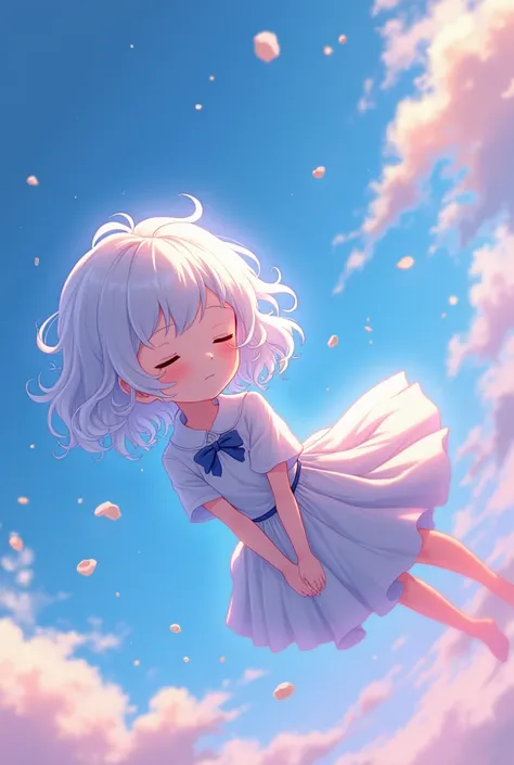  anime girl image.  anime girl image flotando en el cielo, white haired, curly and short.  anime girl image cute.  eyes closed . Calm Expression.  anime girl image refleja paz.  The light reflects on anime girl .  anime girl image estar en cielo flotando l...