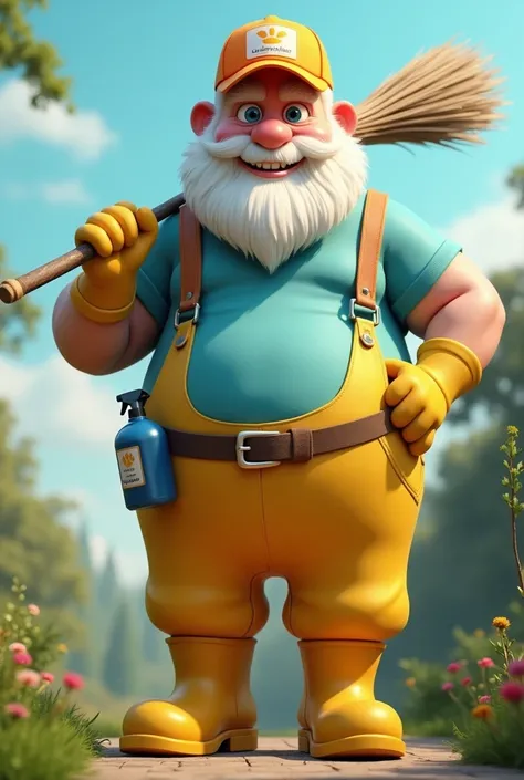 3d character,  a very tall man wearing a gardeners jumpsuit short white hair,  Blue Eyes,  big eyes , circular and reflective ,  large yellow gloves , yellow rain boots,  with a blue spray on the white belt ,  light blue t-shirt orange cap with cleaning co...