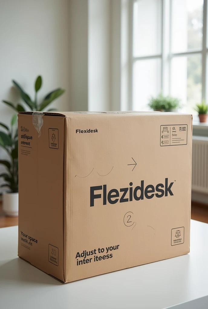 A closed packing box containing a desk called Flexidesk, that says ( adjust it to your interest ), and on the other side  ( your space your work  )