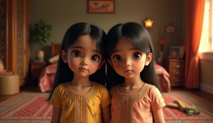 A 8year indian twin sisters  standing in room, home interior, ren , detailed eyes,cinematic scene, cinematic lighting, ultra realistic, hyper realistic, highly detailed image, Full HD image, 