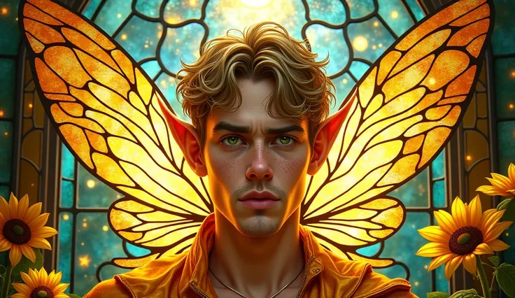 Depict a male fairy with elf-like ears seamlessly integrated into the intricate style of stained glass. He is undeniably an adult male with mature and commanding features: a defined jawline, prominent cheekbones, and soft, rounded cheeks that add warmth to...