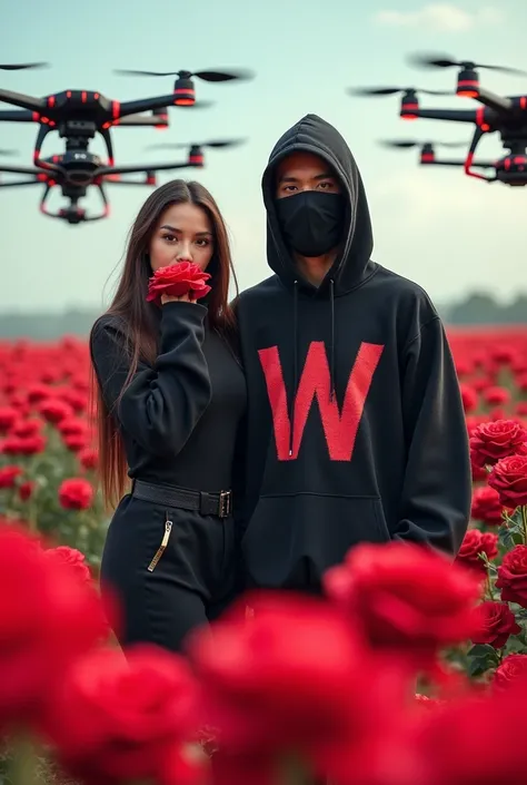 Alan Walker with mask and sweater with his W logo and Amai Montero with mouth covers, A thousand roses and drones in the shape of a W sunny day