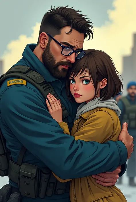 Ukrainian military man with dark eyes beard and glasses hugs a girl short hair brown white skin and blue eyes anime