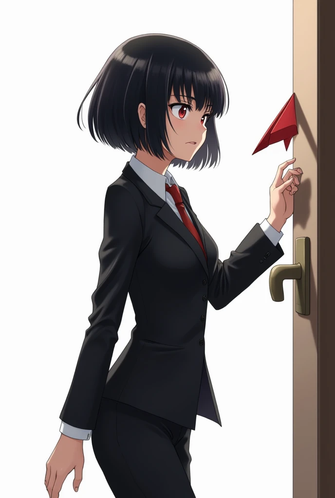 
anime woman in a black business suit with a white shirt ,  black hair bob and red eyes caught a paper plane with her hand, holds a paper airplane with his hand, evil look,  on a white background, holds the door and goes to the office,  side view 