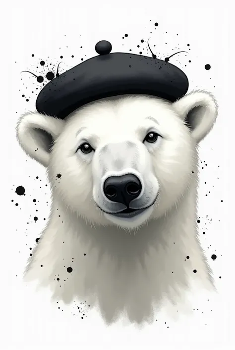 Face of a polar bear with a beret on its head,  with ink spots around,  with white background,  high quality 