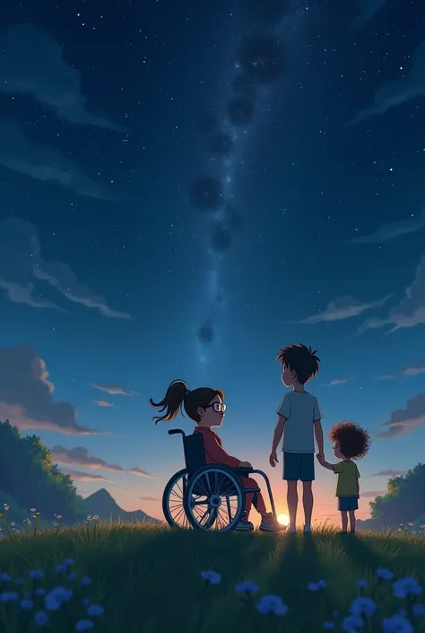 a girl in a wheelchair and two friends watching the starry sky