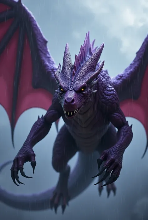 A dragon like targaryen dragon game of thrones, dragon color purple angry flying in the rain