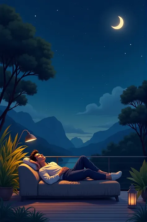 A handsome young man was lying alone on the terrace on the couch with both his hands under his head.  He was looking up at the sky.  Night weather, nature around and moon and stars in the sky.