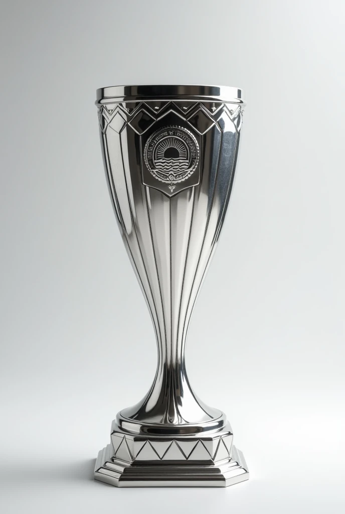  Realistic image of an elegant and modern trophy and long ,  silver and metallic with a polished chrome finish with a shiny and reflective surface.  Its design has a wide base decorated with triangular patterns , separated by fine grooves .  Narrow shape i...