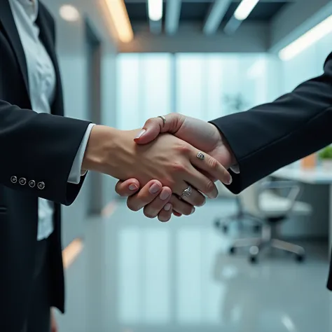 Close up photography of two female hands shaking in a futuristic office