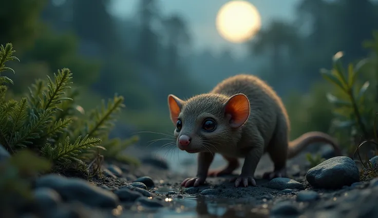 " An ultra-realistic representation of the first mammals on Earth , during the Jurassic period ,  about 200 million years ago .  The image shows small rodent-like mammals ,  with dense fur and large eyes , prehistoric rodent face ,  in a nocturnal environm...