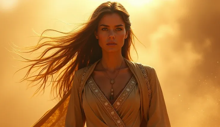  Dramatic Close-up of Deborahs brown hair dressed as an epic queen in the midst of a sandstorm,  with golden grains of sand flying around her .  The light of the setting sun crosses the storm ,  creating rays of heavenly light that illuminate her determine...