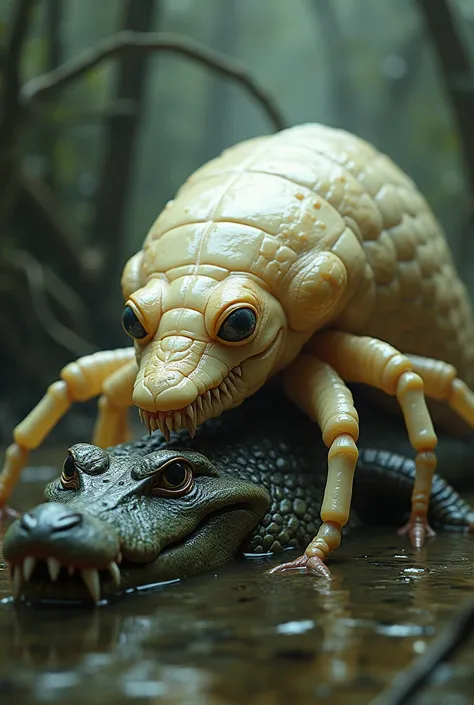 A giant white cockroach eating a normal aligator