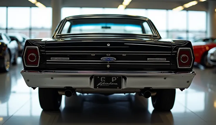 A detailed, high-quality image of a 1967 Ford Torino Cobra, captured from the back view in a showroom setting. The car is painted in pure black, showcasing its distinctive rear design, including the sleek taillights, chrome bumper, and dual exhausts. The p...