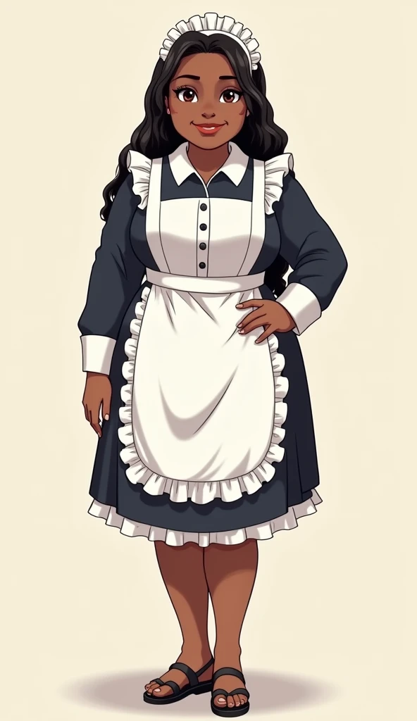 A 40-year-old fat-bodied black lady, maid costume,long straight black hair with some gray hair, anime drawing style 