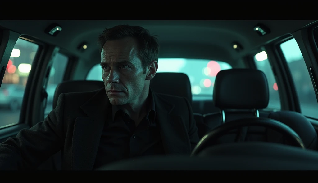 A pale-faced man ,  Dressed in black,  sitting in the back of a taxi. hyper-realistic,  photo-realistic and cinematic  