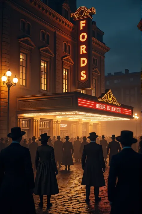 The exterior of Fords Theatre at night, bustling crowd reacting in shock, lantern-lit street, historical architecture, 1860s clothing and atmosphere" 8k ultra hd