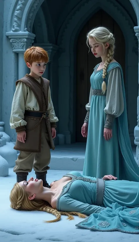 Two ren, a boy and a  girl are standing looking at a woman with braided blond hair who is lying on the floor.  The woman is unconscious.  The woman is wearing a baby blue dress with a slightly transparent bluish cape on the back . The two ren are wearing p...