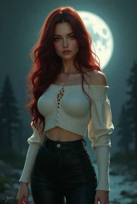 female, long dark red hair larger breasts, curvy. green eyes, wears a white sweater, black leggings and boots.  at night.
