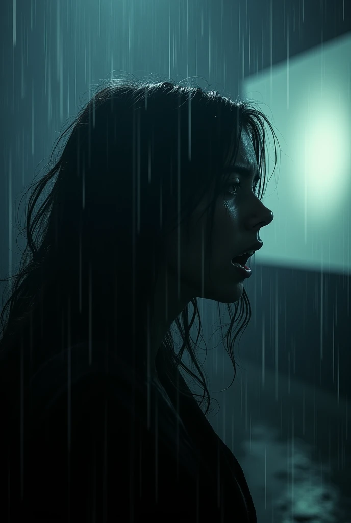  image of a person crying in the dark with darkness over them, raining a lot and looking like a movie theater 