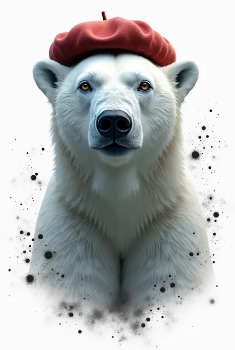 Face of a polar bear with a beret on its head,  with ink spots around, casaco de pelo,  fur coat with white background,  high quality , in 3D