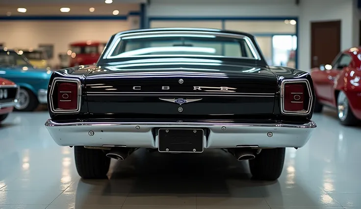 A detailed, high-quality image of a 1967 Ford Torino Cobra, captured from the back view in a showroom setting. The car is painted in pure black, showcasing its distinctive rear design, including the sleek taillights, chrome bumper, and dual exhausts. The p...