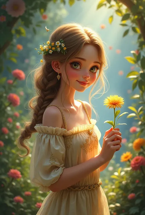 a cartoon of one with a flower in her hand ,  a storybook illustration by Carlos Enríquez Gómez, Artstation Contest Winner,  fantasy art,  Book cover , Adorable Digital Painting,  cover illustration ,  A beautiful artwork illustration , Smiling like a fair...