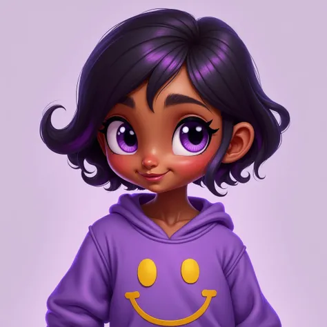  Make one with brown skin short dark brown hair and purple tips,purple eyes and youre wearing purple smiley sweatshirt 