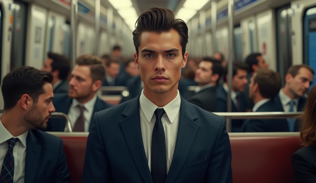 Young adult in a traje and tie sit on a crowed wagon on the subway, traje, cara perfecta, dressed in a , extremadamente apuesto, Hombre atractivo, in a traje, he is wearing a traje, Apuesto y atractivo, wearing a traje and tie, wearing traje and tie, in st...