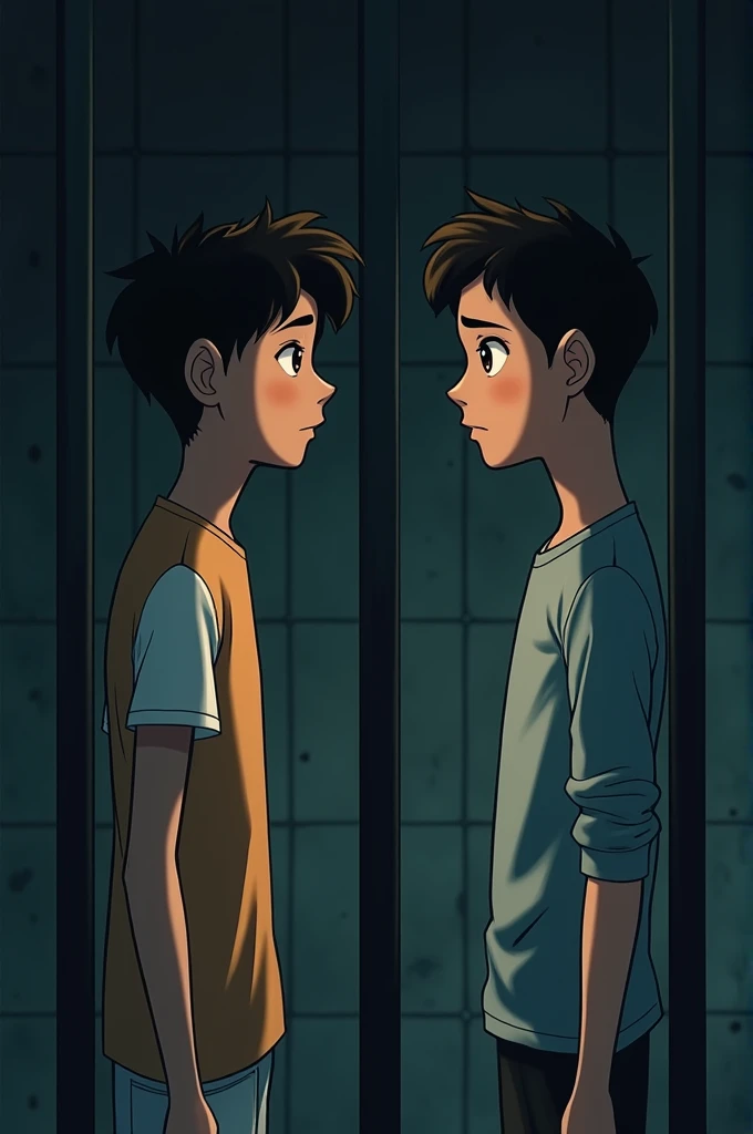 Young man saying goodbye to someone else in jail, animated characters