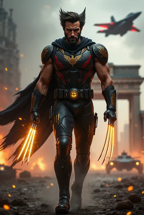 Wolverine reimagined as a modern German hero, striding confidently through a futuristic battlefield. His armor is a blend of black and gold with red accents, inspired by the German flag. His chest and arms feature sleek designs incorporating the eagle embl...