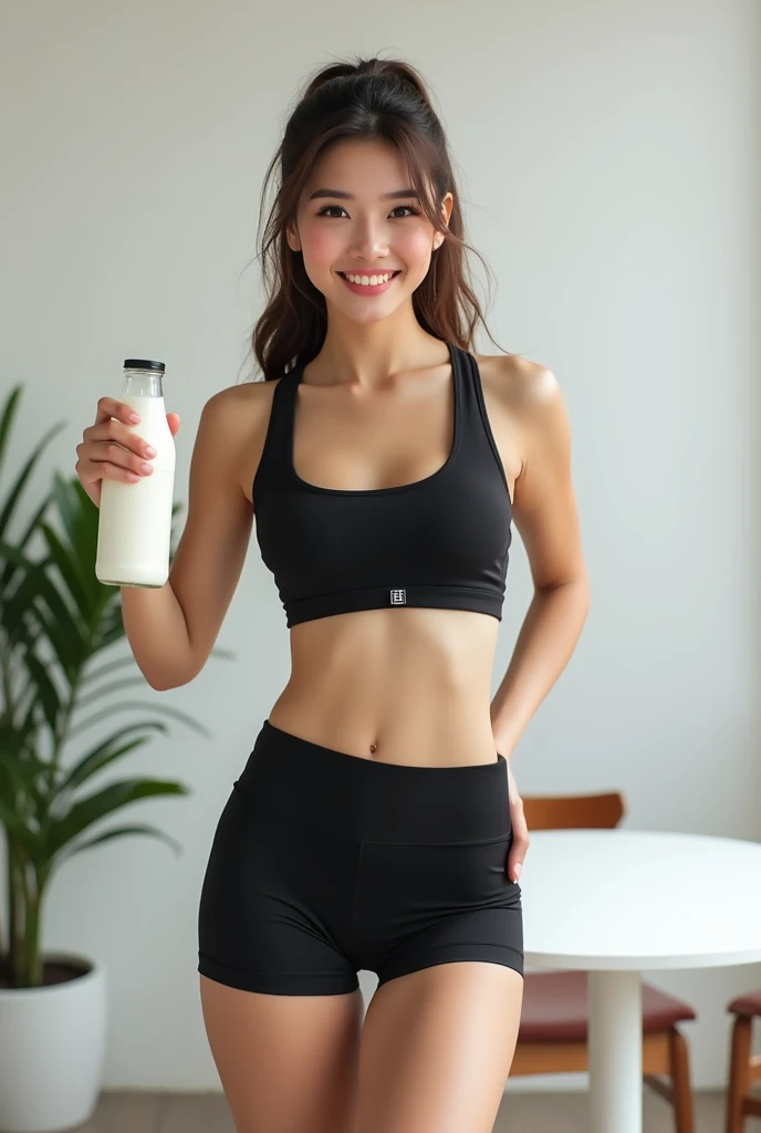 Beautiful Asian girls with facial features or Korean,brown hair ponytail,happy, Wear attractive, form-fitting black workout clothes. With a black sports bra and black shorts that show off her legs and spandex fabric,She extended one hand holding a white mi...