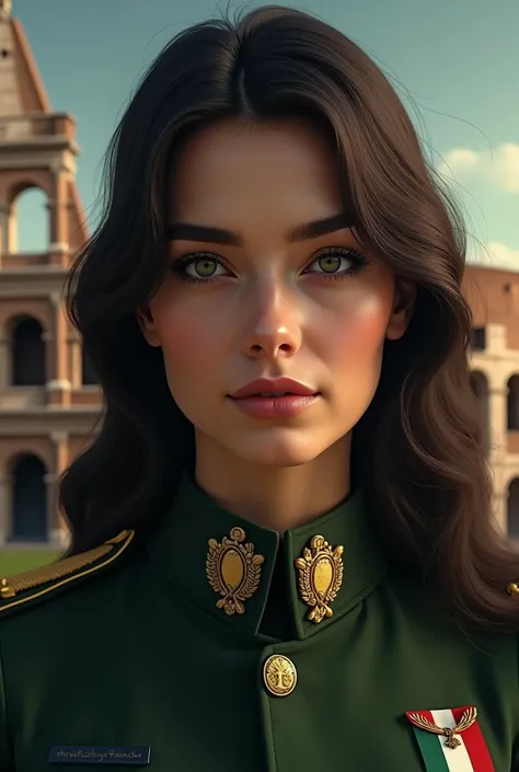 Close-up beautiful Italian girl in military uniform with Italian flag coat of arms on the uniform and in the visual background of the Colosseum