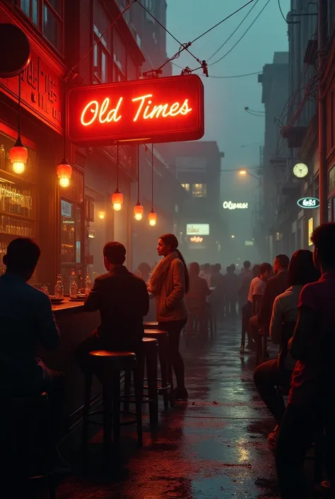 a bar, with a sign saying "old times", on a rainy day, with warm tones, with many people inside the bar paying attention to the show of a black woman singing on a stage in the middle of the bar at the back, and there is a dark alley next to the bar, windy,...