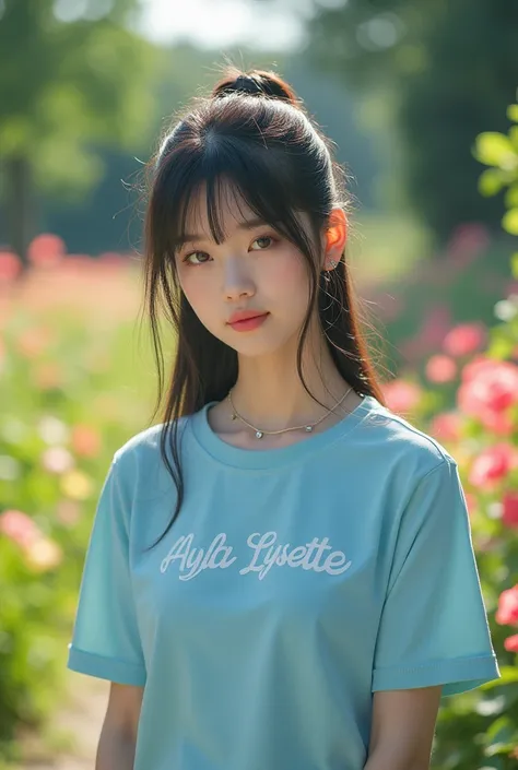 A beautiful white woman who looks like a Korean girl wearing a Deres shirt, light blue ,  there is Ayla Lysette writing on the front of her shirt ,  Her hair is long in a pigtail , there are thin bangs ,  wearing cute accessories ,  is standing in front of...