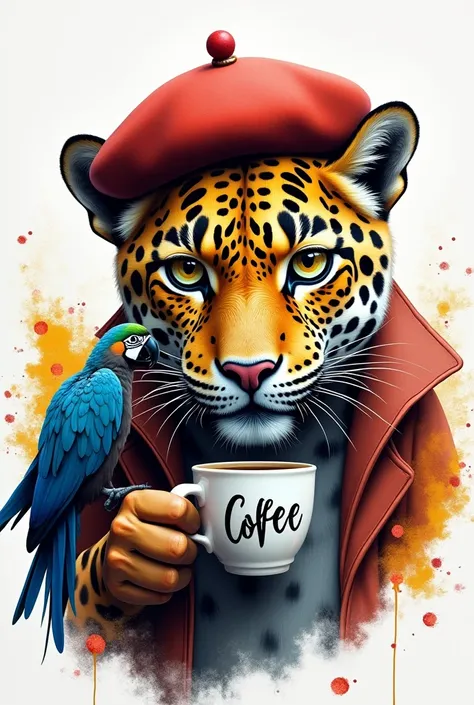  Face of a jaguars painted with a beret on its head, drinking coffee, with a macaw on the shoulder ,  with ink spots around,  fur coat with white background,  high quality, in 3D 