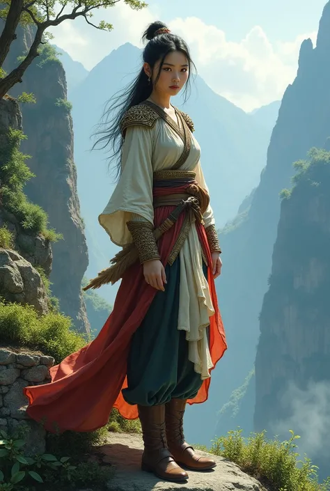 asian woman, in the mountains, wearing medieval tunic and boots, 