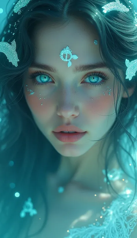 A close-up of a mystical Pisces woman with glowing teal and soft lavender eyes, exuding a serene and dreamy expression. Her face is adorned with shimmering Pisces symbols, glowing softly in aqua light. Her hair flows like water, reflecting hues of turquois...