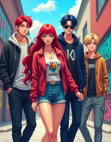 Title: Mixed K-pop Group 4 men 1 women 


 Women: Bright red, long, wavy hair. Wear a colorful, modern outfit, perhaps a leather jacket and a short skirt. He has an energetic and confident expression. 

Man 1 (red hair): Red hair, short and stylized. Hes w...